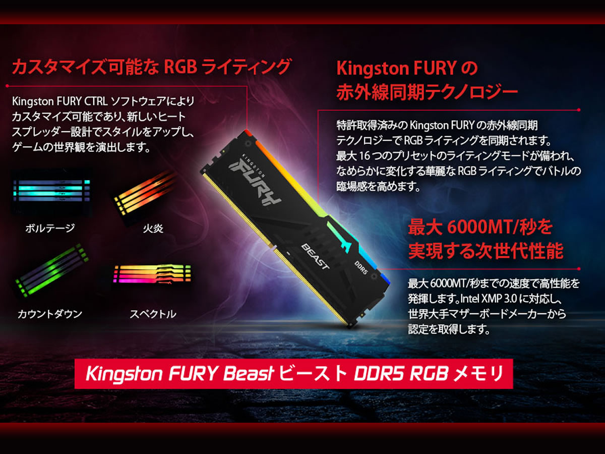 Kingston KF556C40BBAK2-64 FURY Beast DDR5 RGB 288pin DDR5-5600 CL40-40-40  64GB(32GBx2枚組) 1.25Volt XMP3.0 - 製品詳細 | パソコンSHOPアーク（ark）