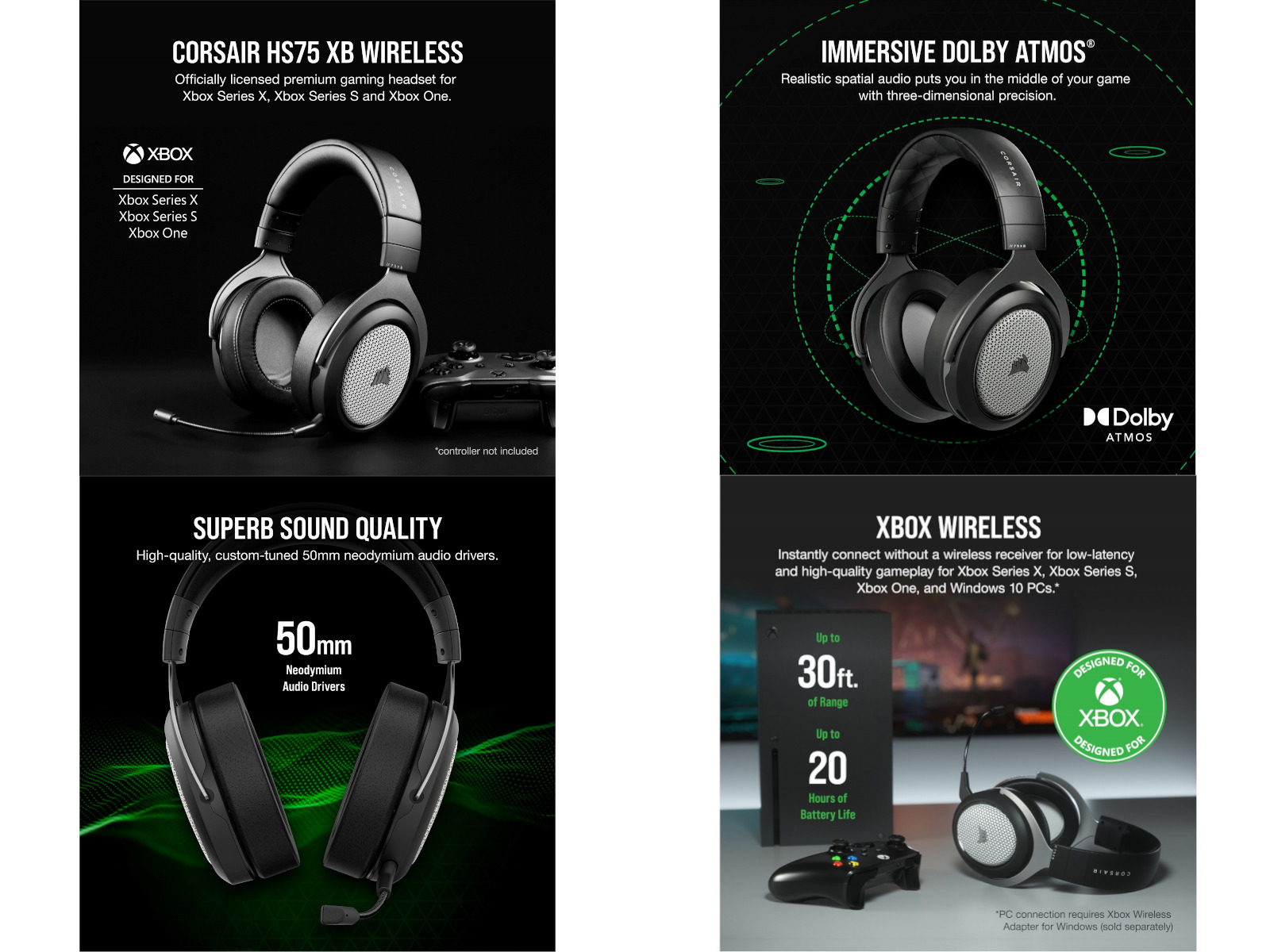 Corsair Hs75 Xb Wireless Xbox公式ライセンス取得 ワイヤレスヘッドセット 製品詳細 パソコンshopアーク Ark