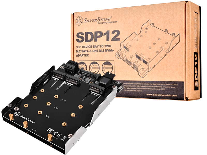 SilverStone SDP12 3.5 Device Bay to Two SATA M.2 SSDs and One